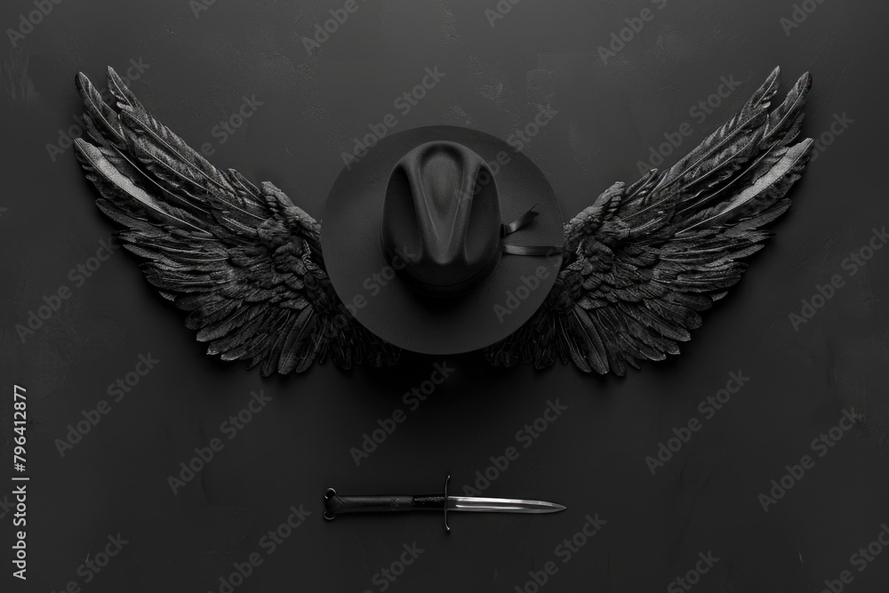 Poster A unique hat with wings and a sharp knife placed on a table. Can be used for creative and fantasy-themed projects