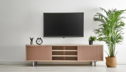 Modern Living: TV on Cabinet with Plant on White Wall Background (3D Render)"