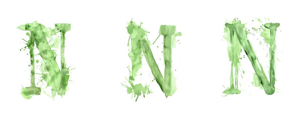 Ai Generated Art Watercolor Set of Multiple Different Pastel Sage Green Capital N Letters On a White Background