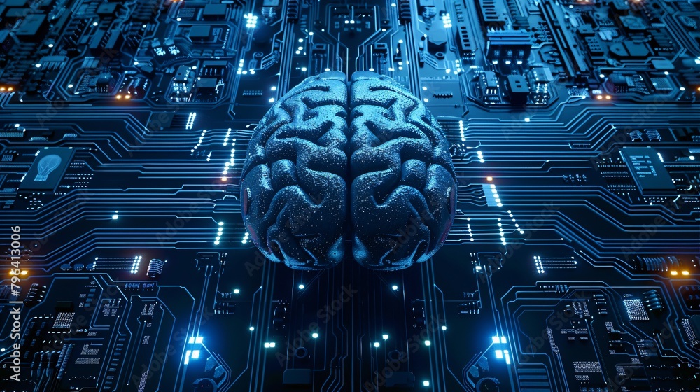Poster glowing cybernetic brain housed within center of circuit board with artificial intelligence