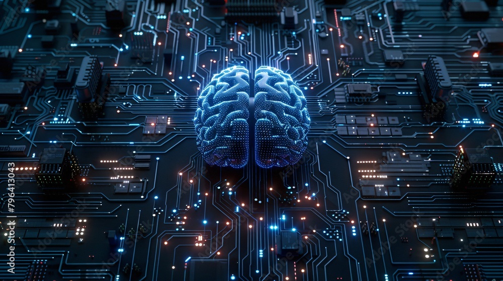 Poster glowing cybernetic brain with integrated neural network forms center of futuristic circuit board