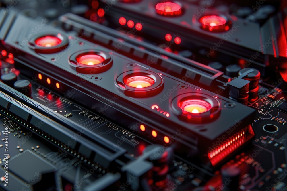 Poster Close up of a computer motherboard with red LED lights, perfect for technology concepts