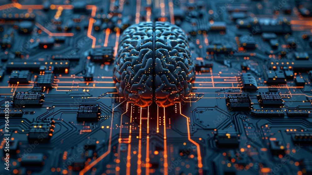 Poster glowing cybernetic brain with neural capabilities at center of futuristic circuit board