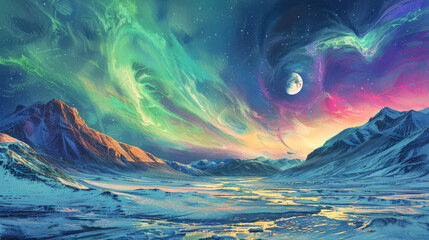 Aurora Fantasy Over Peaks. A stunning Aurora Borealis swirls in pastel hues over snow-covered peaks, with a vivid moon adding to the surreal landscape.