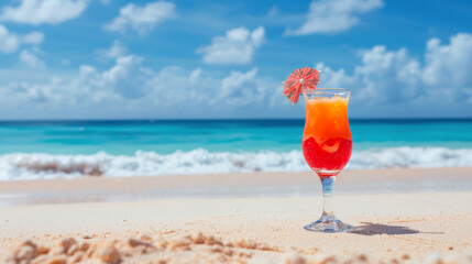 Tropical Tease Cocktail. A radiant, layered cocktail with an umbrella on a pristine beach evokes the spirit of a tropical paradise.