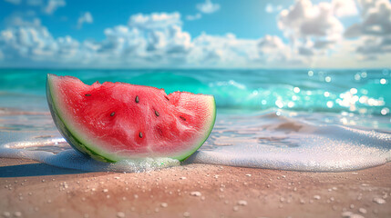 Seaside Watermelon Slice. A refreshing watermelon slice rests on the sandy beach, glistening with sea spray against the bright, sunny backdrop