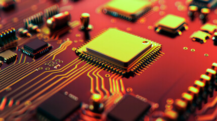 Circuitry Symphony. Macro shot of a vibrant red microchip circuit board with golden lines highlighting modern computing power.