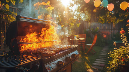 Careless handling of fire. Grill Inferno: A Barbecue Misadventure. An overzealous flame engulfs a backyard grill, burgers charred amidst a garden party setting, a cautionary tale of grilling.