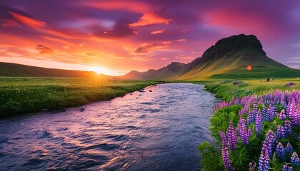 "Icelandic Elegance: Sunset's Embrace on Highland Rivers"
