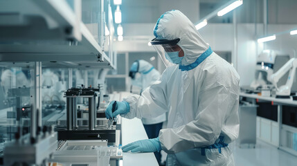 Cleanroom Engineering Precision. Industrial engineers in protective gear focus on meticulous assembly in a high-tech cleanroom environment, embodying the precision of modern manufacturing.