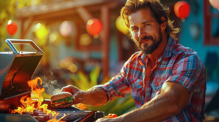 Backyard Burger Chef. With a confident smile, a man in a plaid shirt flips a perfect burger over the open flames of a grill during a vibrant garden party.
