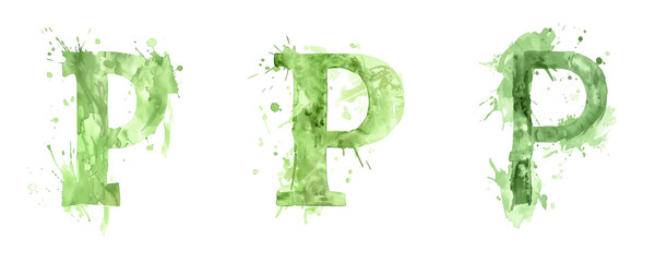 Ai Generated Art Watercolor Set of Multiple Different Pastel Sage Green Capital P Letters On a White Background