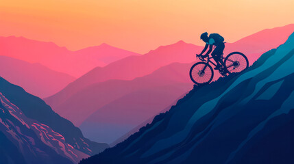 Obraz premium Sunset Cycle Climb. Silhouette of a cyclist ascending a steep mountain trail against a vibrant sunset gradient, embodying determination and solitude.