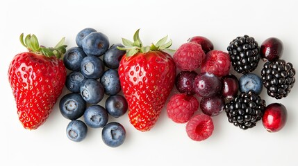 Healthful top view of a colorful berry mix: blueberries, strawberries, raspberries, blackberries, cranberries, perfect for nutrition ads, isolated setting