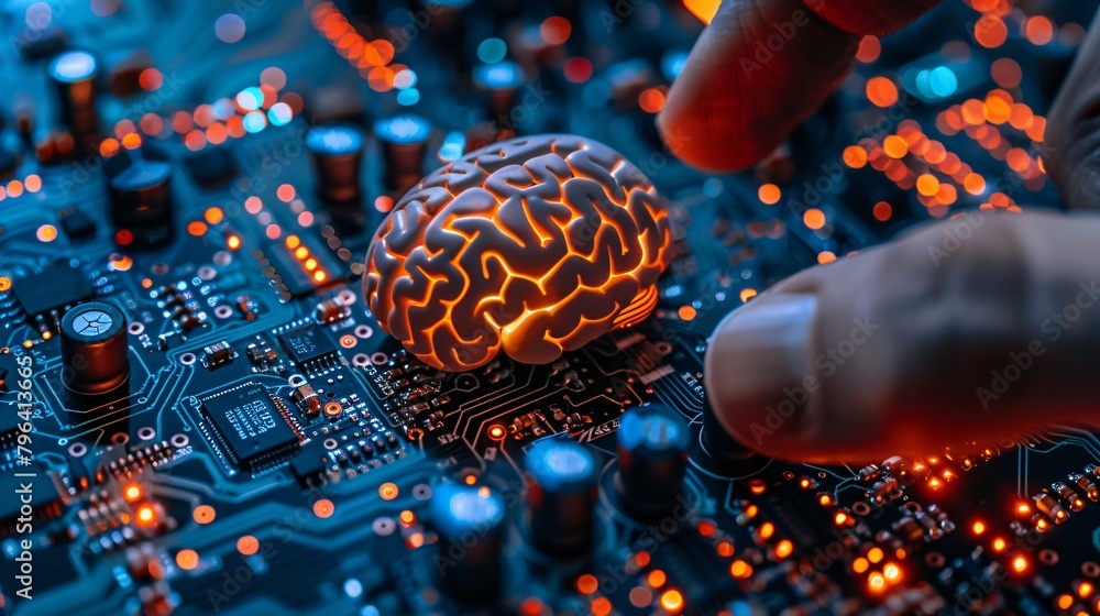 Poster a glowing brain on a circuit board with a finger touching it.