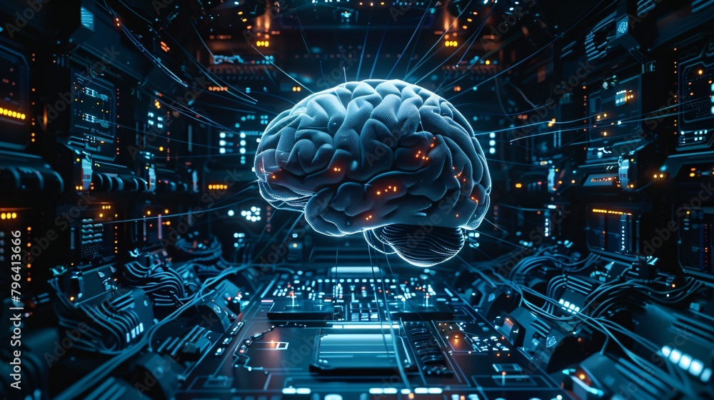 Poster circuit board with a brain floating above it