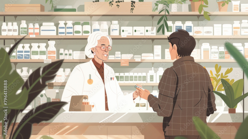 Poster A man standing in front of a counter engaging in conversation with another man in a casual setting