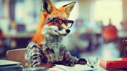 Fototapeta premium A fox with glasses sitting at a desk, appearing focused and attentive