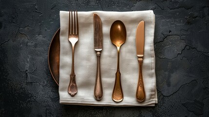 Minimalistic table arrangement with linen napkin and bronze utensils against a dark backdrop