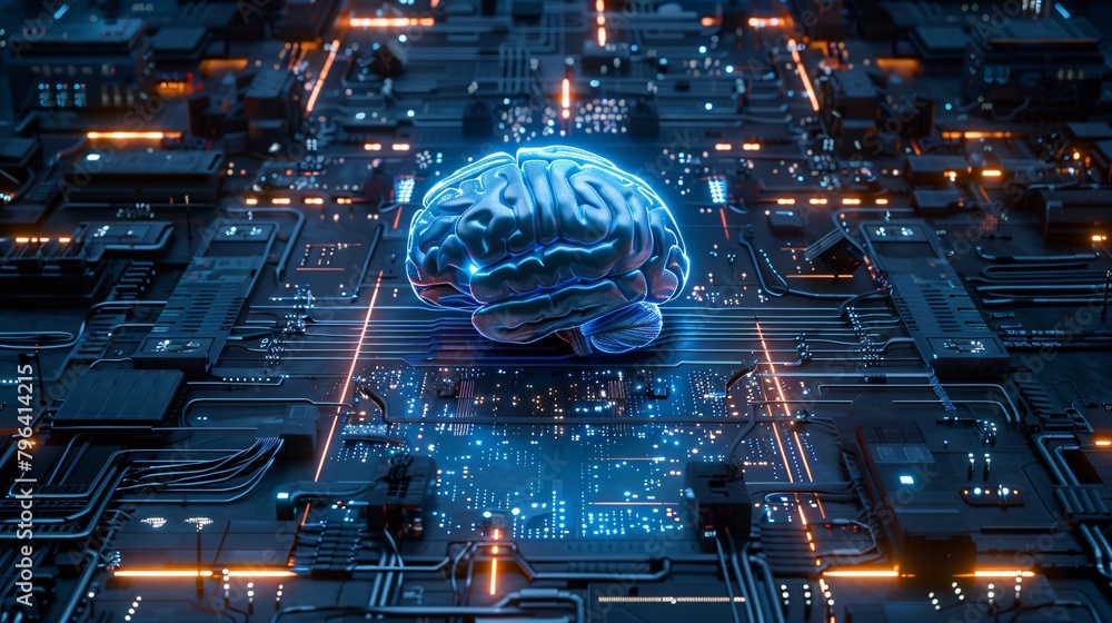 Poster circuit board's design revolves around the glowing cybernetic brain and its integrated neural networ