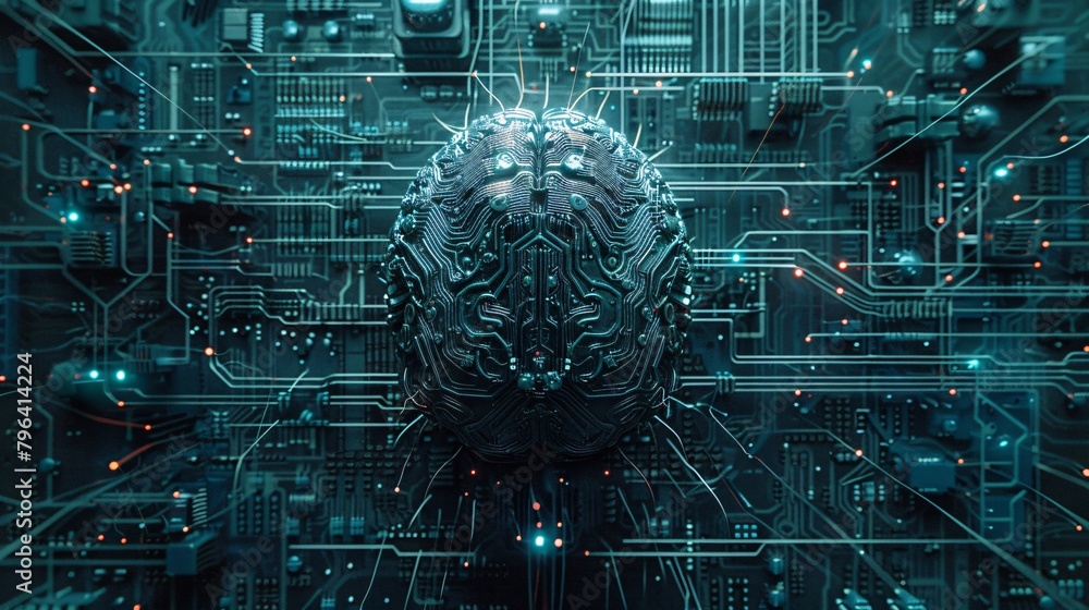 Poster circuitry in the shape of a artificial intelligence brain.