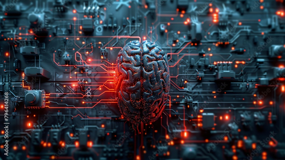 Poster cybernetic brain with a glowing neural center embedded in the core of the circuit board
