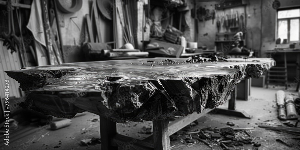Poster a simple black and white photo of a wooden table. suitable for various design projects
