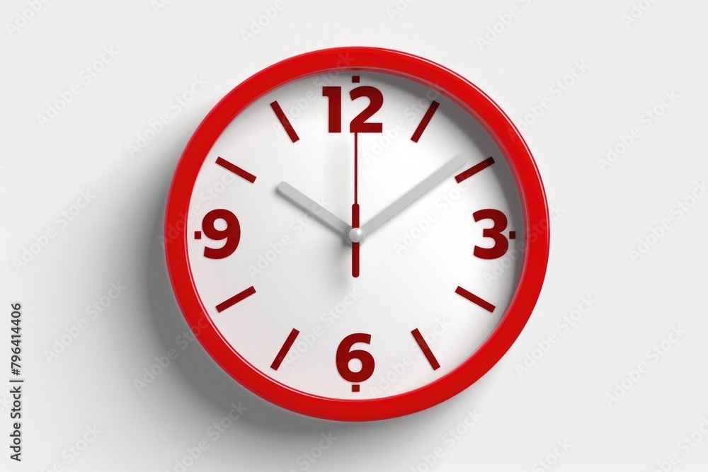 Poster a modern red and white clock on a plain white wall. suitable for interior design concepts
