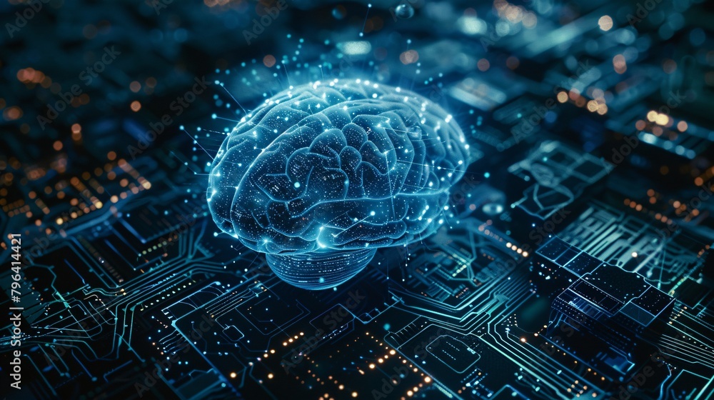 Poster glowing cybernetic brain at the center of the circuit board symbolizes the future of artificial inte