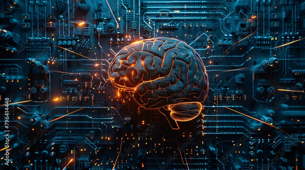 Aufkleber glowing cybernetic brain with integrated neural network technology is the focal point of the circuit