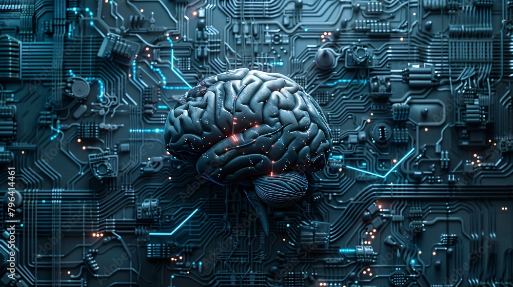 Poster glowing cybernetic brain with integrated neural network technology is the centerpiece of the futuris