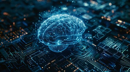 Glowing cybernetic brain at the center of the circuit board symbolizes the future of artificial intelligence