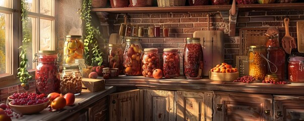 A kitchen with a variety of jars and bottles on the counter