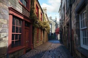 Fototapeta na wymiar Charming cobblestone street with a vibrant red door, perfect for architectural or travel projects