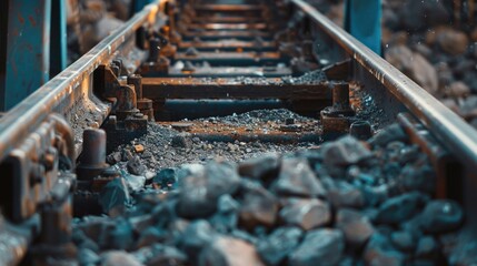 Close up of train track with rocks. Suitable for transportation or industrial themed designs