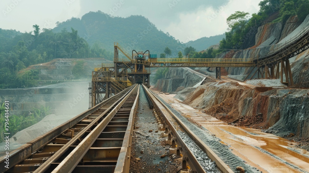 Poster scenic view of train track with mountain in background. perfect for travel and transportation concep