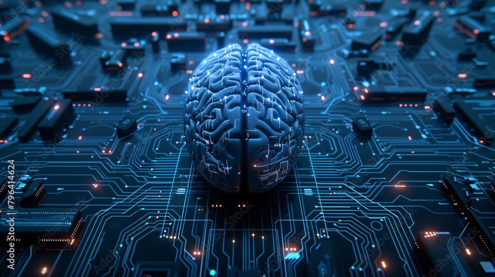 Poster the center-mounted cybernetic brain with its glowing neural network is the highlight of the circuit 