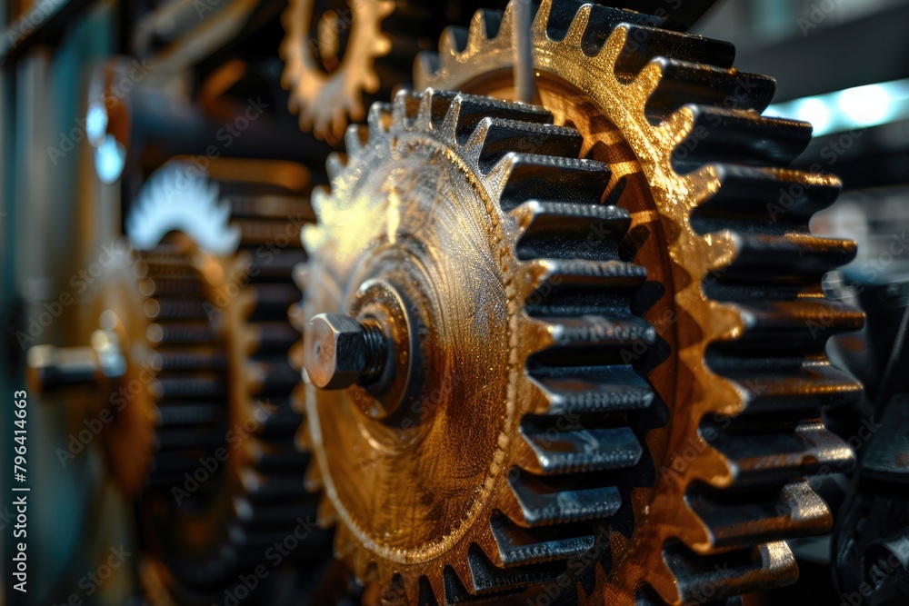 Poster detailed view of a machine with gears. ideal for industrial concepts