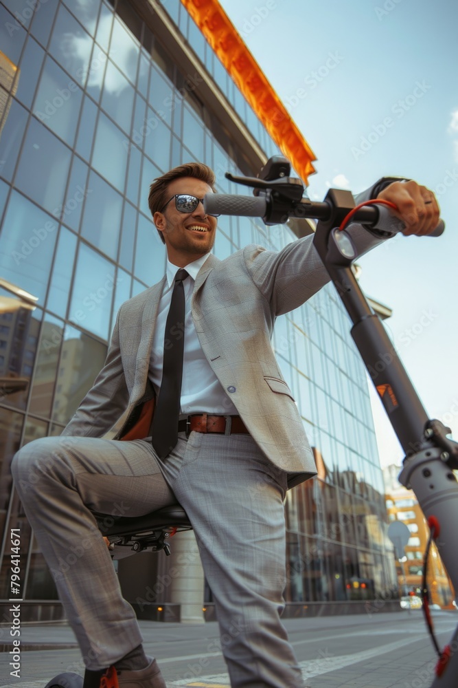 Poster a man in a suit and tie sitting on a scooter. ideal for business and transportation concepts