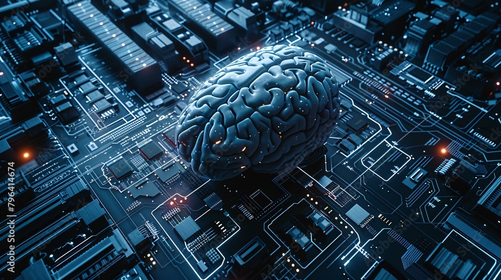Poster the cybernetic brain with a glowing neural network at its core