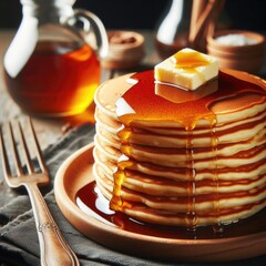 pancakes on a white plate with butter. Generative AI.