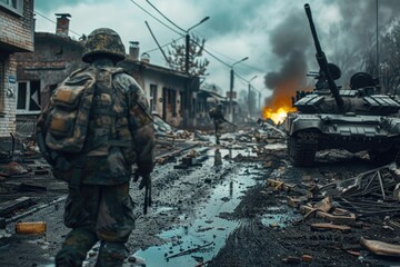A soldier standing in front of a demolished structure. Suitable for military or war-related themes - obrazy, fototapety, plakaty