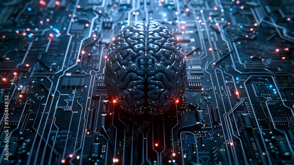 Poster the neural network within the cybernetic brain emits a soft glow, highlighting the center of the cir