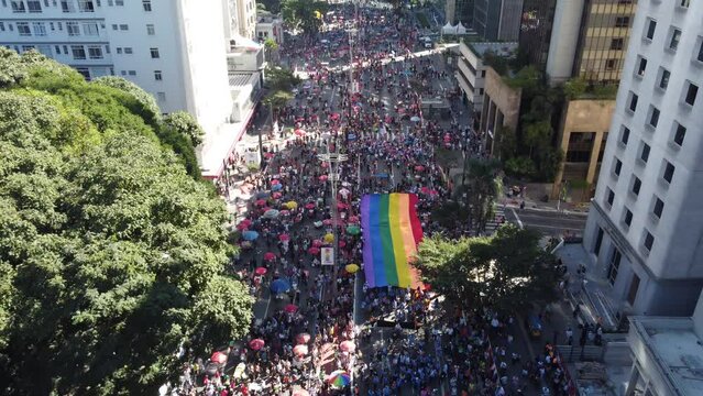 aerial view of the 27th LGBT+ Pride Parade. Avenida Paulista, in S&atilde;o Paulo, Brazil, on June 11, 2023