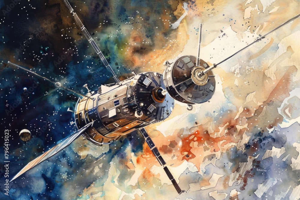 Aufkleber A painting of a space station floating in the sky. Suitable for sci-fi or futuristic concepts