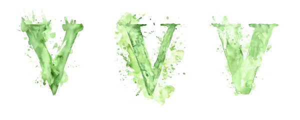 Ai Generated Art Watercolor Set of Multiple Different Pastel Sage Green Capital V Letters On a White Background
