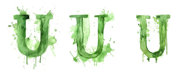 Ai Generated Art Watercolor Set of Multiple Different Pastel Sage Green Capital U Letters On a White Background