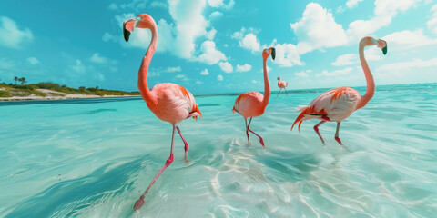 flamingos standing in shallow water. - obrazy, fototapety, plakaty