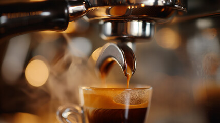 Mesmerizing Close-up of Espresso Pouring Process with Thick Crema - obrazy, fototapety, plakaty