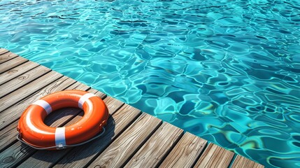 Bright orange lifebuoy on wooden dock beside sparkling blue pool water